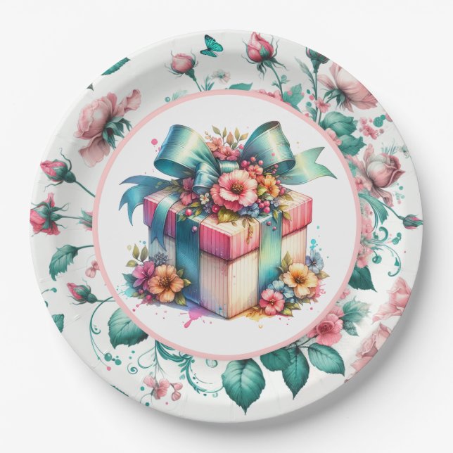 Watercolor Pink Shabby Chic Floral Birthday  Paper Plate (Front)