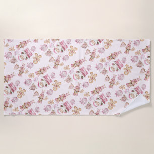 watercolor Pink snow 1st birthday Christmas Beach Towel
