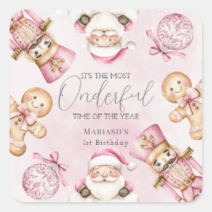 watercolor Pink snow 1st birthday Christmas Square Sticker