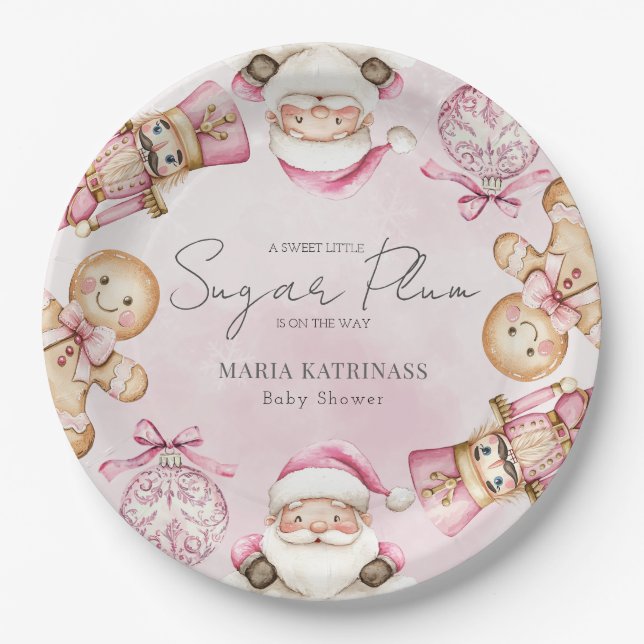watercolor Pink snow Babyshower Christmas  Paper Plate (Front)
