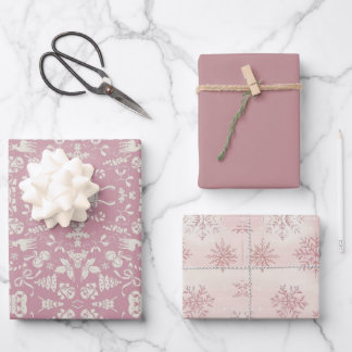 Watercolor Pink Snowflake Reindeer Tree Christmas  Wrapping Paper Sheet