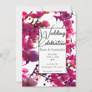 Watercolor pink spring floral flowering tree invitation