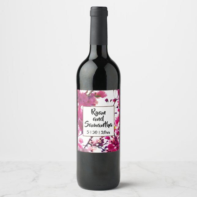 Watercolor pink spring floral | Flowering tree    Wine Label (Front)