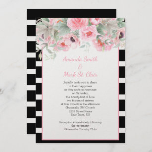 Watercolor Pink Spring Flowers Stripes Invitations