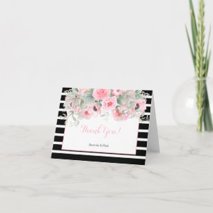 Watercolor Pink Spring Flowers Stripes Thank You Card