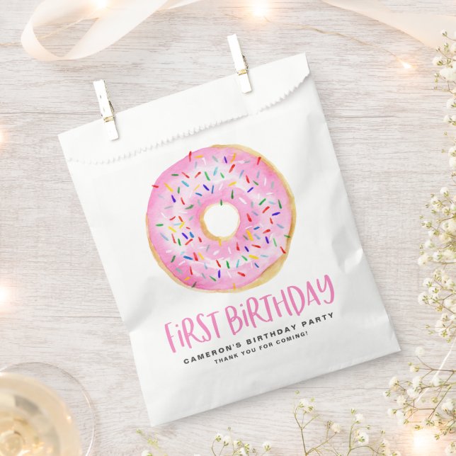 Watercolor Pink Sprinkle Doughnut First Birthday Favour Bags (Clipped)