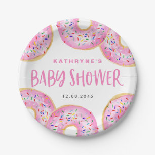 Watercolor Pink Sprinkle Doughnuts Baby Shower Paper Plate