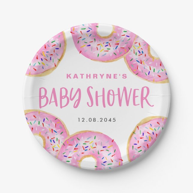 Watercolor Pink Sprinkle Doughnuts Baby Shower Paper Plate (Front)