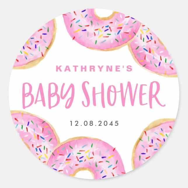 Watercolor Pink Sprinkle Doughnuts Baby Sprinkle Classic Round Sticker (Front)