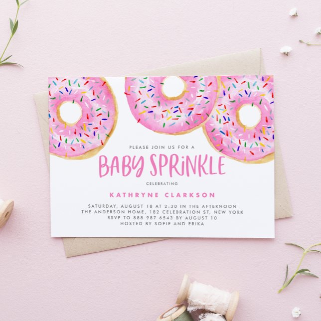 Watercolor Pink Sprinkle Doughnuts Baby Sprinkle Invitation (Creator Uploaded)