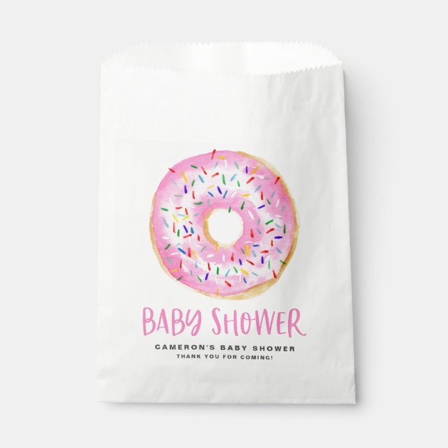 Watercolor Pink Sprinkle Glazed Doughnut Baby Show Favour Bags (Front)