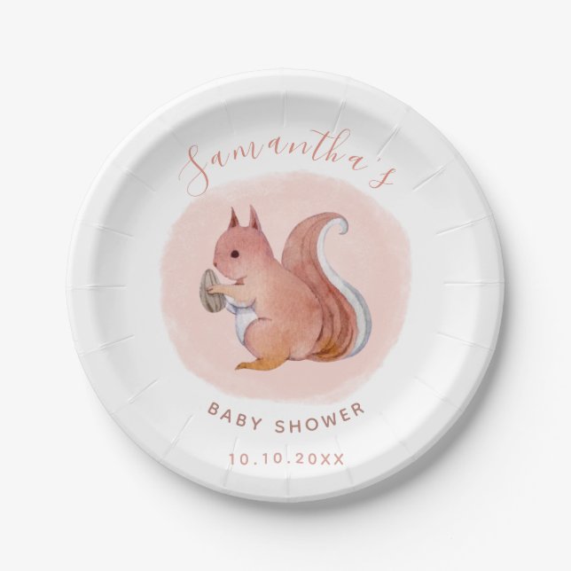 Watercolor Pink Squirrel Baby Shower Cute Animal Paper Plate (Front)