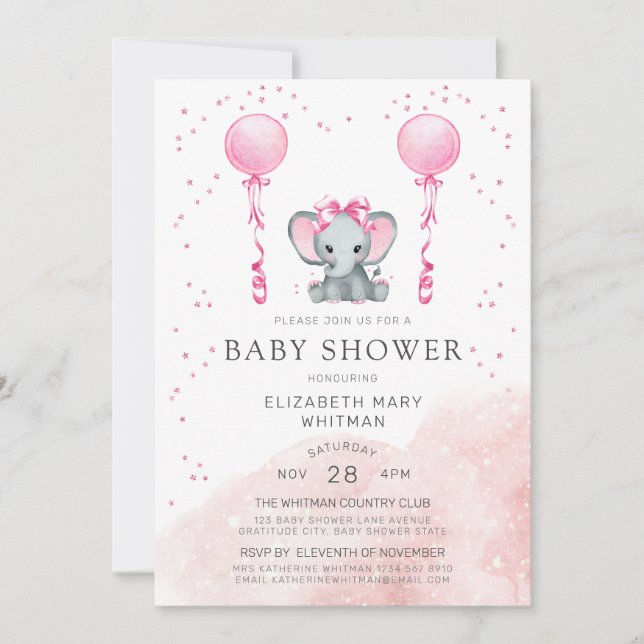 Watercolor Pink Stardust Elephant Baby Shower Invitation (Front)