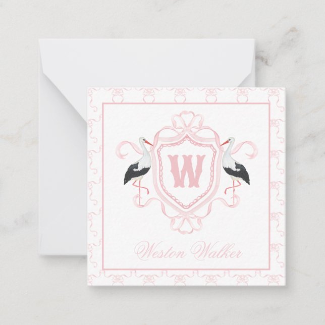 Watercolor Pink Stork Bow Monogram Crest Card (Front)