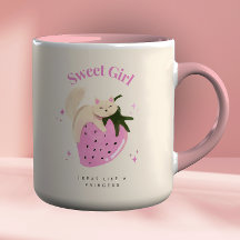 Watercolor Pink Strawberry Cat Illustration