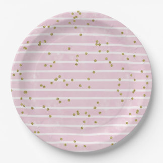 Watercolor Pink Stripe and Gold Polka Dot Paper Plate