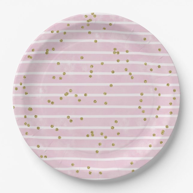 Watercolor Pink Stripe and Gold Polka Dot Paper Plate (Front)