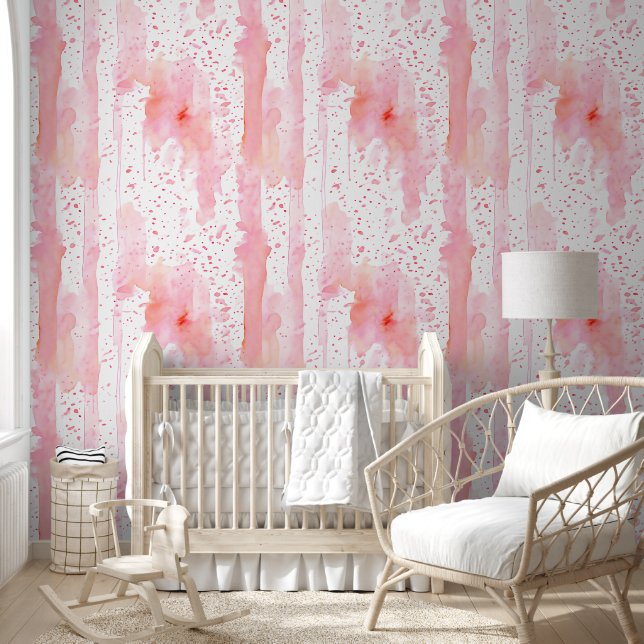 Watercolor Pink Stripes and Splatter Wallpaper (Kids)