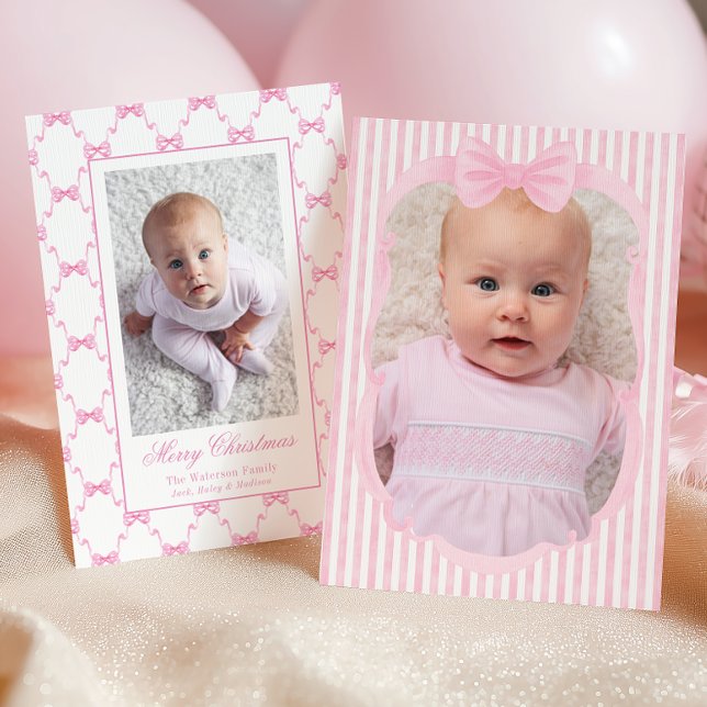 Watercolor Pink Stripes & Bows Photo Holiday Card (Creator Uploaded)