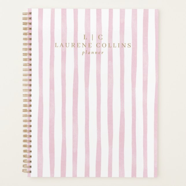 Watercolor Pink Stripes Modern Planner (Front)