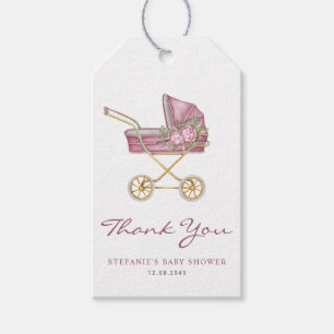 Watercolor Pink Stroller Baby Shower Thank You Gift Tags