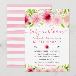 Watercolor Pink Summer Flowers Baby Shower Invitation