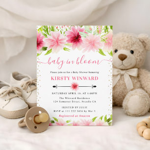 Watercolor Pink Summer Flowers Baby Shower Invitation