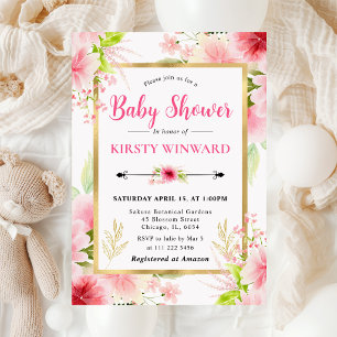 Watercolor Pink Summer Flowers Baby Shower Invitation