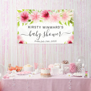 Watercolor Pink Summer Flowers Baby Shower Welcome Banner