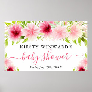 Watercolor Pink Summer Flowers Baby Shower Welcome Poster