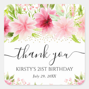 Watercolor Pink Summer Flowers Birthday Party Square Sticker