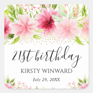 Watercolor Pink Summer Flowers Birthday Square Sticker
