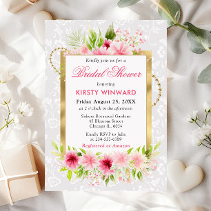 Watercolor Pink Summer Flowers Gold Bridal Shower Invitation
