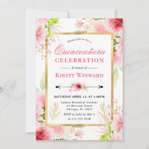 Watercolor Pink Summer Flowers Quinceanera Invitation