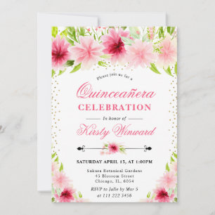 Watercolor Pink Summer Flowers Quinceanera Invitation