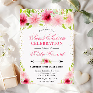 Watercolor Pink Summer Flowers Sweet 16 Invitation