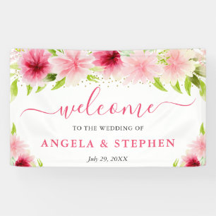 Watercolor Pink Summer Flowers Wedding Welcome Banner