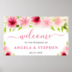 Watercolor Pink Summer Flowers Wedding Welcome Poster