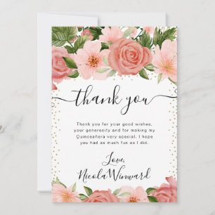 Watercolor Pink Summer Roses Flowers Quinceanera Thank You Card