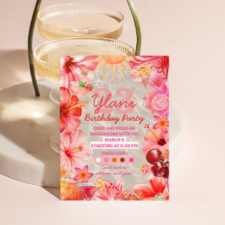 Watercolor Pink Sunshine Pool Tropical Birthday Invitation