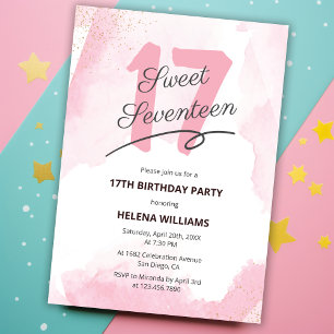 Watercolor Pink Sweet Seventeen 17th Birthday  Invitation