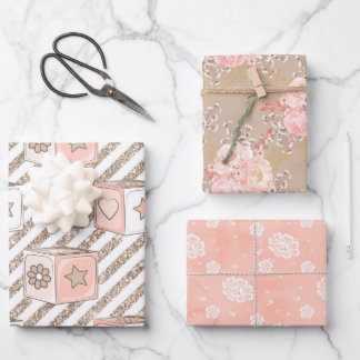 WATERCOLOR PINK & TAN BABY GIRL FLOWERS BEARS WRAPPING PAPER SHEET