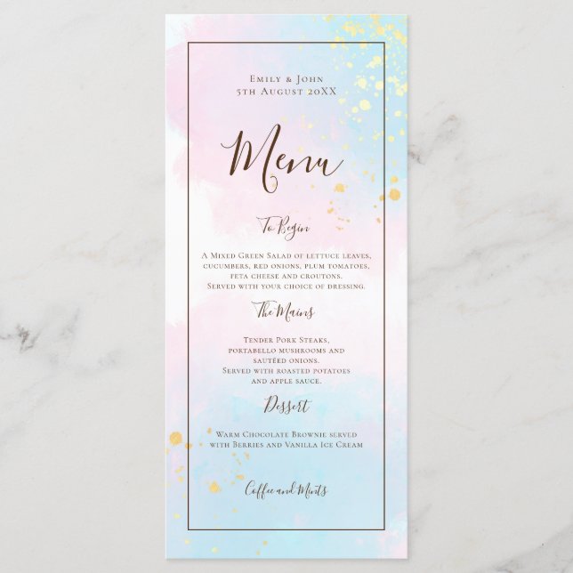 Watercolor Pink Teal Gold Confetti Wedding Menu (Front)
