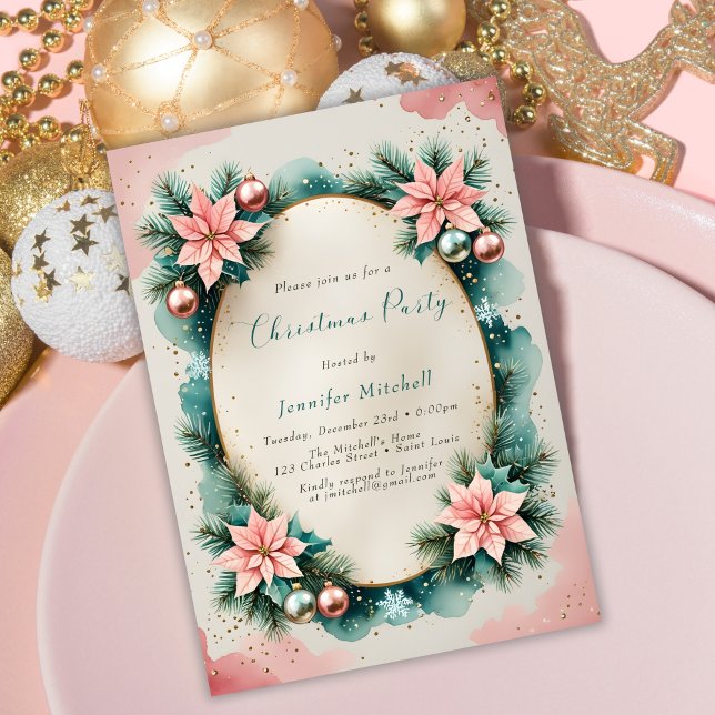 Watercolor Pink Teal Poinsettia Wreath Christmas Invitation (Christmas Party Invitation. Pink and Teal Poinsettia Wreath, Gold Accents, Elegant Watercolor)