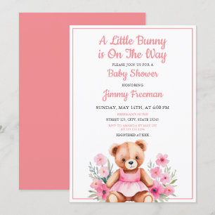 Watercolor Pink Teddy Bear Girl Floral Baby Shower Invitation