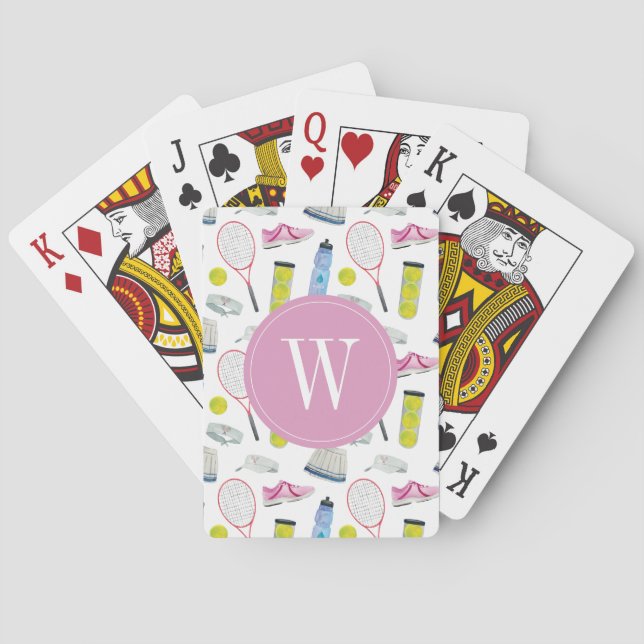 Watercolor Pink Tennis Pattern Monogram Playing Cards (Back)