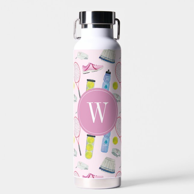 Watercolor Pink Tennis Pattern Monogram Water Bottle (Front)