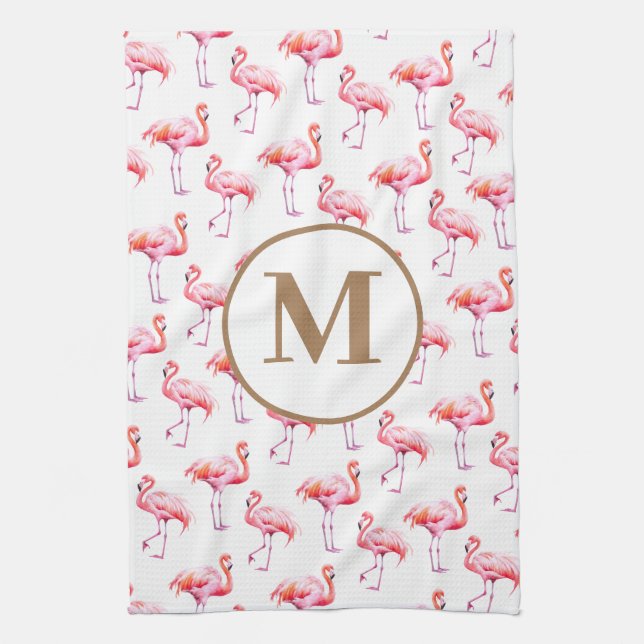 Watercolor Pink Tropical Flamingo Custom Monogram Tea Towel (Vertical)