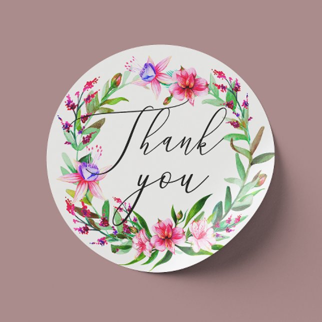 Watercolor pink tropical floral wedding thank you classic round sticker (Creator Uploaded)