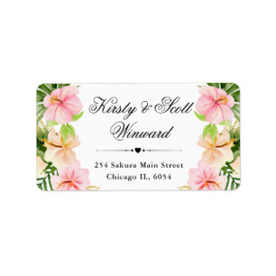 Watercolor Pink Tropical Flowers address Label